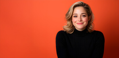 Fototapeta premium A smiling woman with wavy hair wears a black sweater against a vibrant orange background, exuding warmth and approachability.