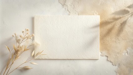 Elegant Cream-Colored Blank Card Mockup with Dried Floral Accents and Shadow Overlay
