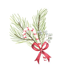 Christmas arrangement of fir branches, candy and mistletoe berries with bow isolated on white. Hand-painted watercolor illustration for winter holiday and your design, card, print, background.