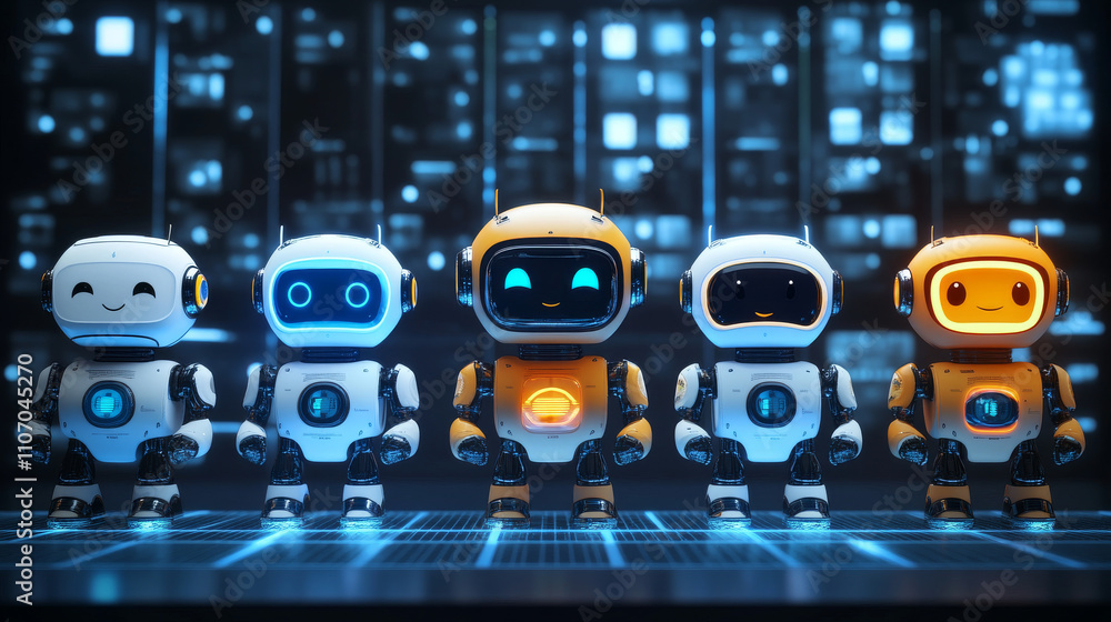 Poster cute friendly robot with different face emotions on digital screen. realistic 3d vector illustration