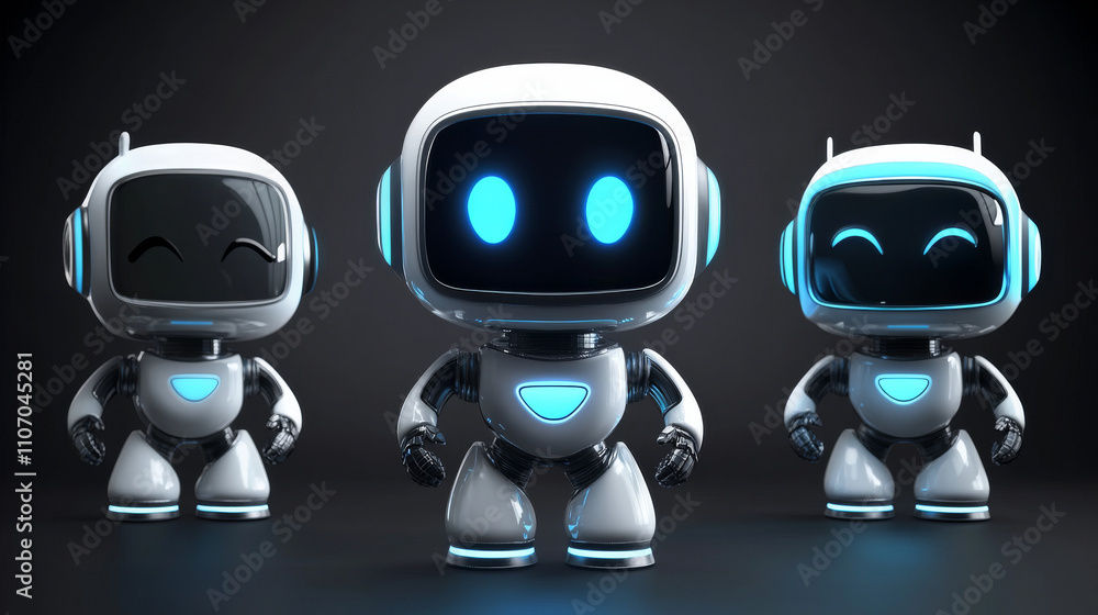 Poster cute friendly robot with different face emotions on digital screen. realistic 3d vector illustration