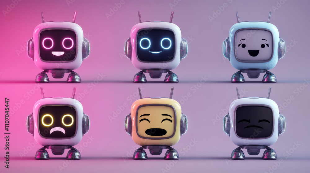 Poster cute friendly robot with different face emotions on digital screen. realistic 3d vector illustration