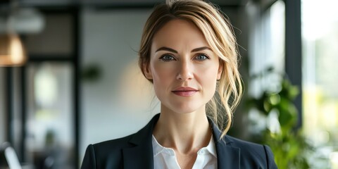 A portrait of a professional businesswoman in an office, dressed in formal attire, looking directly at the camera with determination.