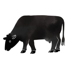 水彩風　横を向いた黒牛のイラスト