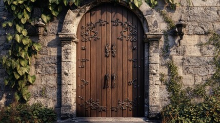 Obraz premium Wooden door with wrought iron details in stone wall 14