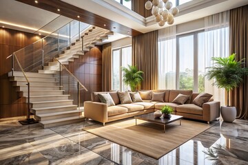 Luxury Living Room AI Photo, Marble Floor, Brown Walls, Beige Sofa