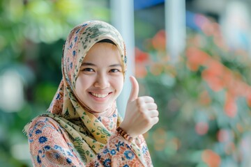 Portrait of a Smiling Young Woman in a Floral Hijab Giving a Thumbs Up Gesture Outdoors