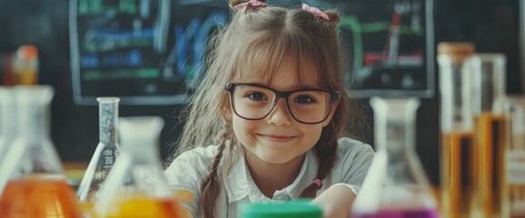 A girl with glasses smiles while surrounded by various colorful beakers filled with liquids. She is engaged in science experiments in a classroom setting, showcasing her enthusiasm for learning