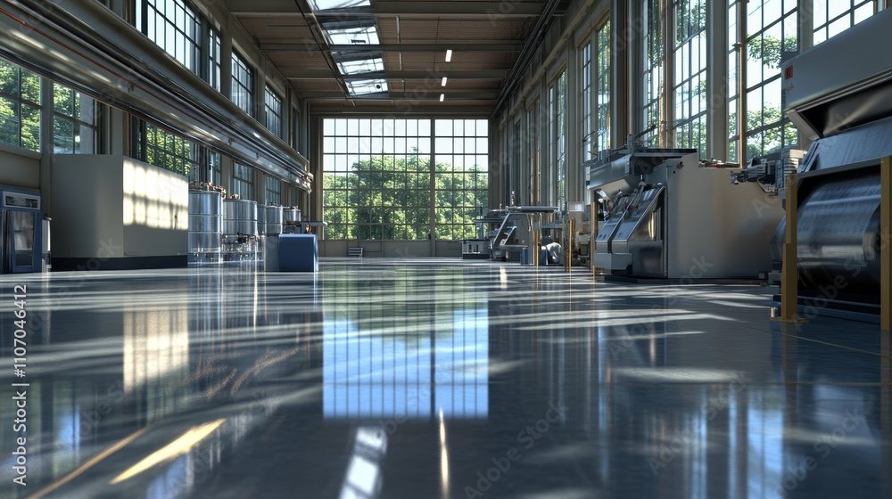 Poster an industrial workspace with large windows and machinery, reflecting a bright and open environment.