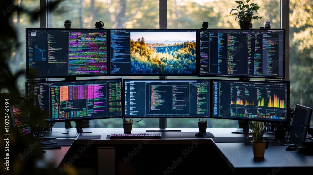 Aufkleber modern office workspace with multiple monitors and nature view