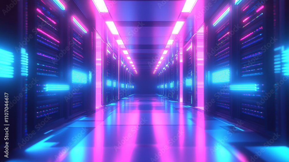 Poster abstract data center room with bright neon blue and pink light glowing server blocks. realistic 3d v