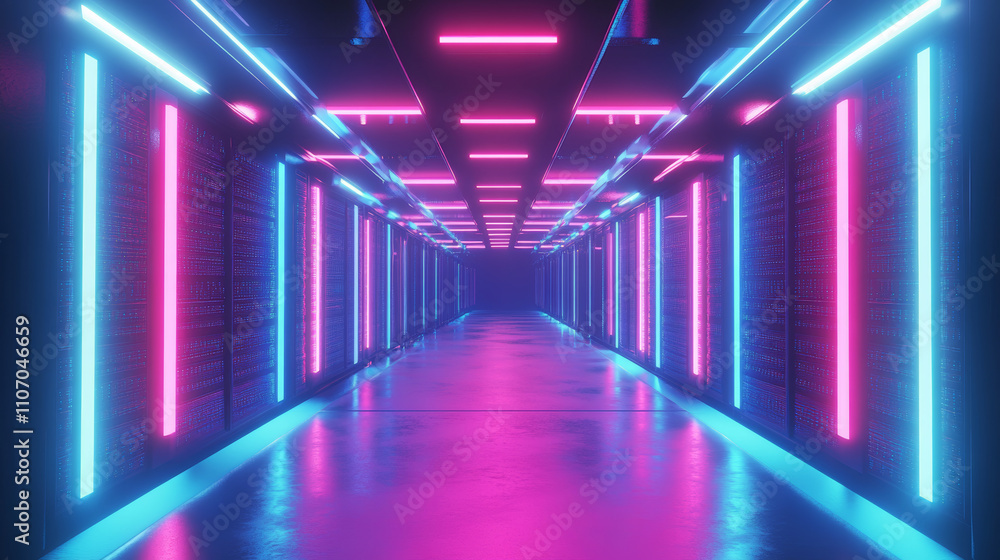Poster abstract data center room with bright neon blue and pink light glowing server blocks. realistic 3d v