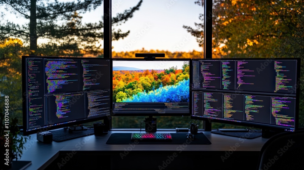 Poster modern workspace with multiple monitors and scenic autumn view