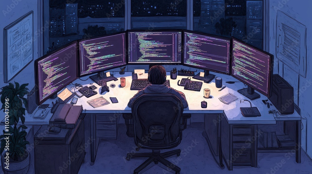 Poster developer working late at night surrounded by multiple monitors