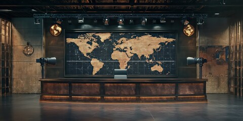 A professional broadcast studio with a news anchor desk, camera setup, and a large world map displayed in the background.