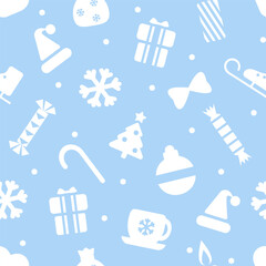 Holiday background, seamless pattern with Christmas ornament. Christmas pattern with baubles. Pattern, candy, snowflake, gift box, gift bag, candle. Vector illustration, gift wrap textile decorations