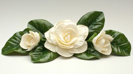 Three White Gardenia Flowers with Green Leaves