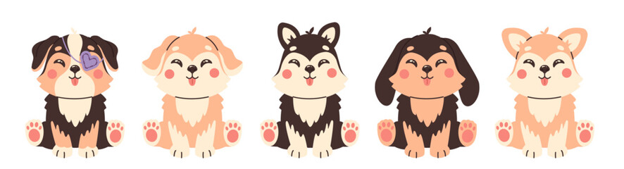 Obraz premium Cute sitting dog set. Puppies collection. Animal in childish style. Childrens charactes.