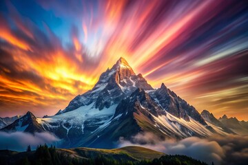 Mountain Logo Design Illustration with Long Exposure Capture, Perfect for Branding, Outdoor Adventure, and Nature-Inspired Businesses, Showcasing Majestic Peaks in a Creative Style