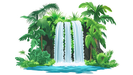 A tropical waterfall, surrounded by lush greenery, minimalist vector style, cool tones, isolated on white background