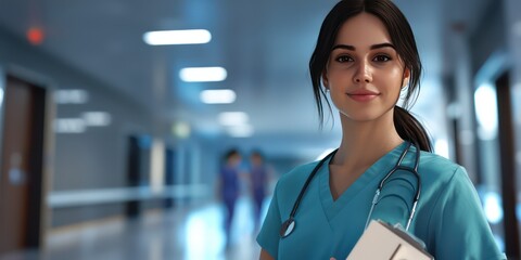 Obraz premium A professional nurse avatar wearing scrubs and holding medical equipment, set in a healthcare setting that represents compassion and care.