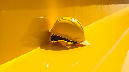 Yellow Hard Hat Rests on Vibrant Yellow Surface, Construction Safety, Bright Colors, Industrial Design