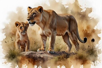 Lioness teaching cubs to hunt in watercolor style