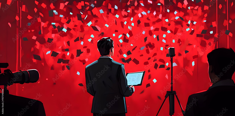 Poster a presenter stands before a red backdrop, preparing for a speech with confetti falling.
