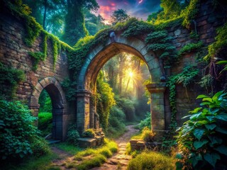Fototapeta premium Mysterious Overgrown Ruins of an Ancient Stone Archway in a Dark Fantasy Landscape Illuminated by Ethereal Light with Lush Vegetation and Enigmatic Shadows