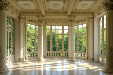 Obraz premium Elegant Sunlit Classical Room, Grand Architectural Design with Ornate Columns and Expansive Windows Overlooking Lush Greenery