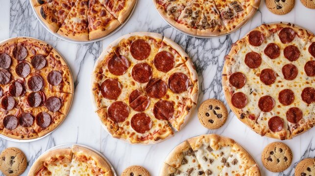 Multiple pizzas and cookies on marble surface viewed from above