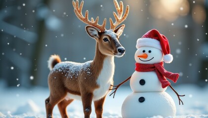 Reindeer with sparkling antlers standing proudly beside a snowman wearing a festive bowtie.