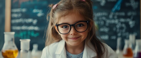 A young girl wearing glasses and a lab coat looks cheerful as she conducts science experiments in a classroom