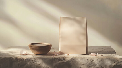 paper bag, recyclable packaging, minimalist design, eco-friendly, matte finish, natural light, shadow play, ceramic bowl, sustainability, product packaging, soft aesthetics, environmental awareness, r