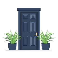 Different house entrance, porche and closed door. Entrie to apartment with potted plant.