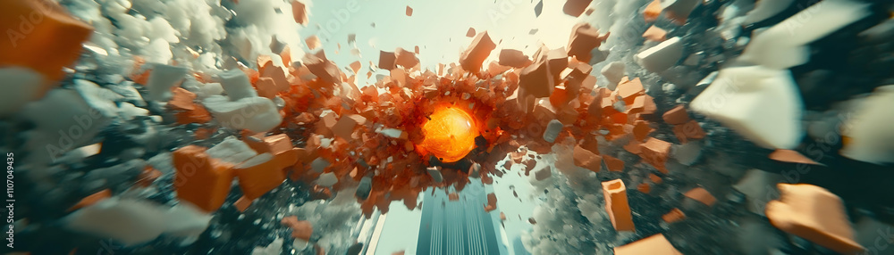 Poster abstract urban explosion, orange fragments explode dynamically towards cityscape background