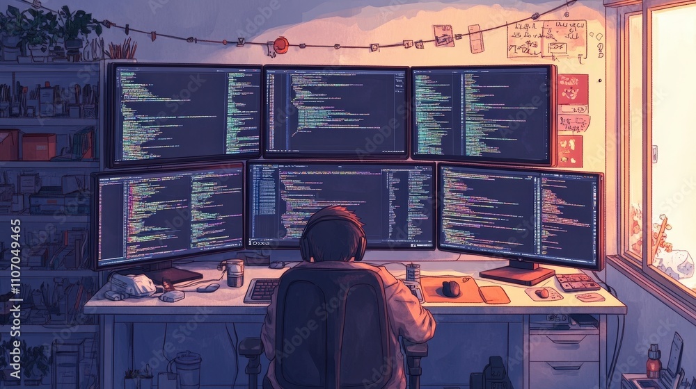 Poster working late at night in a home office with multiple computer screens