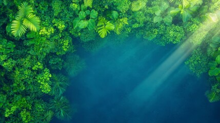 Obraz premium Lush Green Jungle Canopy with Sun Rays Illuminating Water Surface