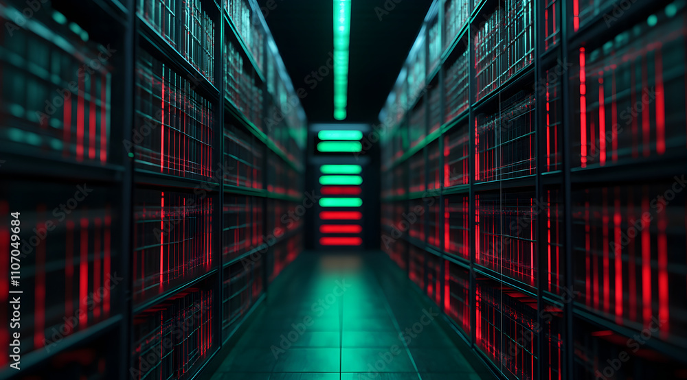 Poster a futuristic server room filled with illuminated racks, showcasing a high-tech atmosphere with red a