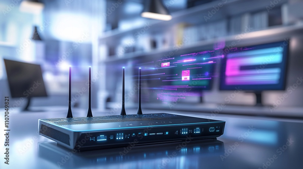 Aufkleber A modern router with digital data visualization in a tech environment.