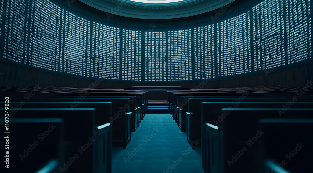 Poster a dimly lit room with rows of dark seats facing a wall of illuminated data or text, creating a futur
