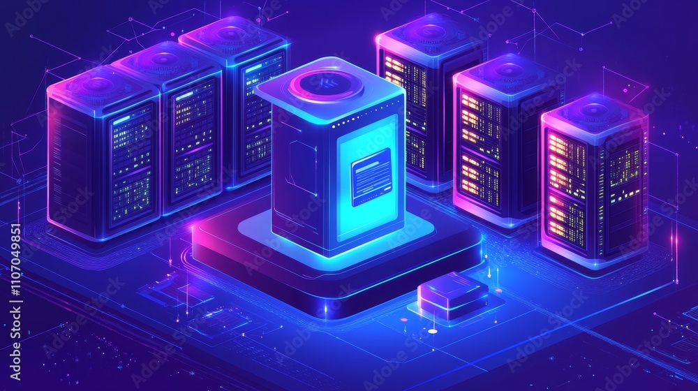 Poster a futuristic data center with glowing servers and a central processing unit in a digital environment