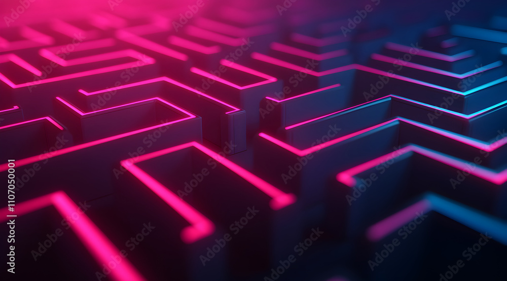 Poster a vibrant, abstract maze pattern with glowing pink and blue lines, creating a dynamic, futuristic vi