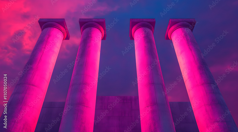 Poster a striking view of four large columns illuminated in vibrant pink against a dramatic sky, creating a
