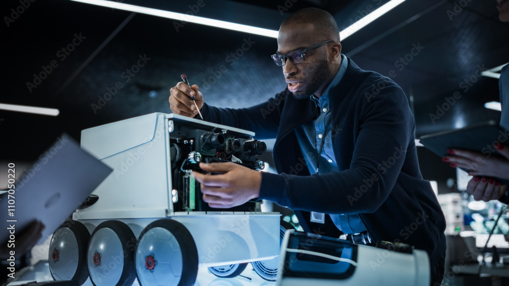 Poster African Engineer Using a Screwdriver While Developing a Remotely Controlled Delivery Robot. Black Specialist Working in High Tech Research Laboratory with Modern Equipment
