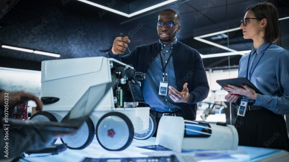 Leinwandbilder Team of Industrial Engineers Working on a Mobility Robot at a Startup Factory. Multiethnic Male and Female Scientists Discussing an Automated AI Robotic Delivery Machine in a Laboratory