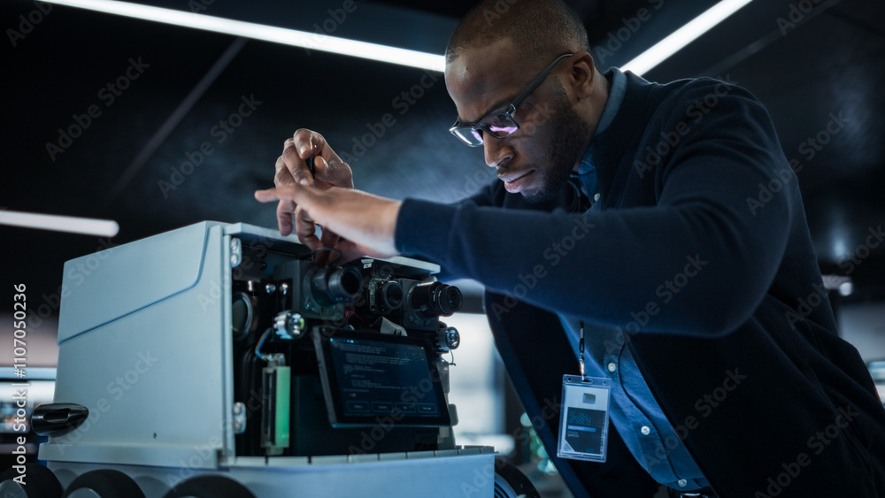 Poster African Engineer Using a Screwdriver While Developing a Remotely Controlled Delivery Robot. Black Specialist Working in High Tech Research Laboratory with Modern Equipment