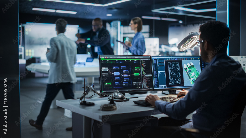 Poster Software Engineer Working on a Computer Behind the Desk. Diverse Team of Industrial Specialists Working on Remotely Controlled Mobility Robot in a Research Facility