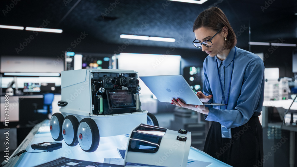 Poster Portrait of a Female Engineer Using a Laptop While Developing a Remotely Controlled Delivery Robot.Technical Specialist Working in High Tech Research Laboratory with Modern Equipment