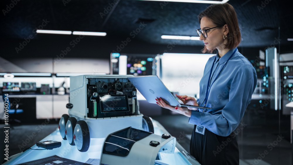 Poster Portrait of a Female Engineer Using a Laptop While Developing a Remotely Controlled Delivery Robot.Technical Specialist Working in High Tech Research Laboratory with Modern Equipment